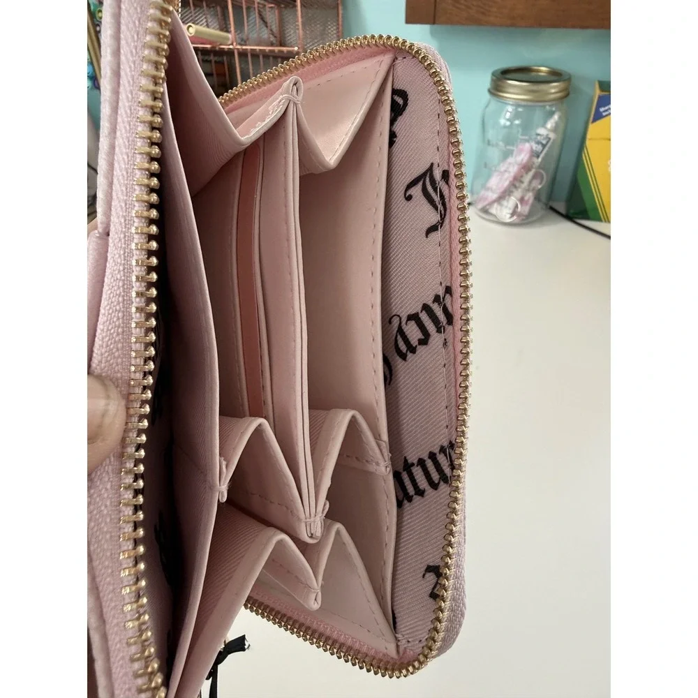 Juicy Couture Overstated Pink Gothic Logo Zip Around‎ Wallet Heart Charm NWT